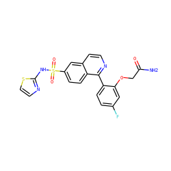 NC(=O)COc1cc(F)ccc1-c1nccc2cc(S(=O)(=O)Nc3nccs3)ccc12 ZINC000225122970