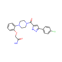 NC(=O)COc1ccccc1N1CCN(C(=O)c2cc(-c3ccc(Cl)cc3)n[nH]2)CC1 ZINC000071330904