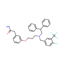 NC(=O)Cc1cccc(OCCCN(Cc2ccc(F)c(C(F)(F)F)c2)CC(c2ccccc2)c2ccccc2)c1 ZINC000014973001