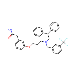 NC(=O)Cc1cccc(OCCCN(Cc2cccc(C(F)(F)F)c2)CC(c2ccccc2)c2ccccc2)c1 ZINC000014972997