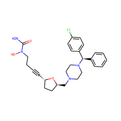 NC(=O)N(O)CCC#C[C@H]1CC[C@H](CN2CCN([C@H](c3ccccc3)c3ccc(Cl)cc3)CC2)O1 ZINC000026376731