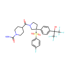 NC(=O)N1CCC(C(=O)N2CC[C@](c3ccc(C(O)(C(F)(F)F)C(F)(F)F)cc3)(S(=O)(=O)c3ccc(F)cc3)C2)CC1 ZINC001772578779