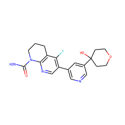 NC(=O)N1CCCc2c1ncc(-c1cncc(C3(O)CCOCC3)c1)c2F ZINC001772627235