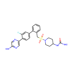 NC(=O)NC1CCN(S(=O)(=O)Cc2ccccc2-c2ccc(-c3cnc(N)cn3)c(F)c2)CC1 ZINC000224776414