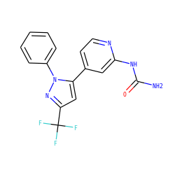 NC(=O)Nc1cc(-c2cc(C(F)(F)F)nn2-c2ccccc2)ccn1 ZINC000141258407