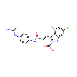NC(=O)Nc1ccc(NC(=O)/C=C/c2c(C(=O)O)[nH]c3cc(Cl)cc(Cl)c23)cc1 ZINC000013761276