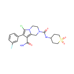 NC(=O)c1c(-c2cccc(F)c2)c(Cl)n2c1CN(C(=O)NC1CCS(=O)(=O)CC1)CC2 ZINC001772603318