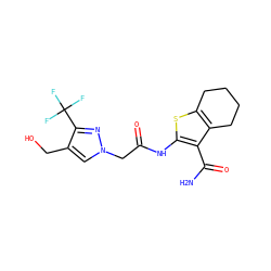 NC(=O)c1c(NC(=O)Cn2cc(CO)c(C(F)(F)F)n2)sc2c1CCCC2 ZINC000066258674