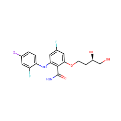NC(=O)c1c(Nc2ccc(I)cc2F)cc(F)cc1OCC[C@@H](O)CO ZINC000095920681
