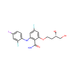 NC(=O)c1c(Nc2ccc(I)cc2F)cc(F)cc1OCC[C@H](O)CO ZINC000096905635
