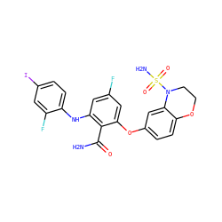 NC(=O)c1c(Nc2ccc(I)cc2F)cc(F)cc1Oc1ccc2c(c1)N(S(N)(=O)=O)CCO2 ZINC000653802073