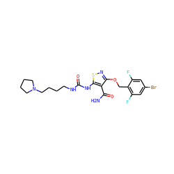 NC(=O)c1c(OCc2c(F)cc(Br)cc2F)nsc1NC(=O)NCCCCN1CCCC1 ZINC000003834191