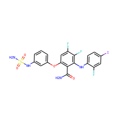 NC(=O)c1c(Oc2cccc(NS(N)(=O)=O)c2)cc(F)c(F)c1Nc1ccc(I)cc1F ZINC000653785885