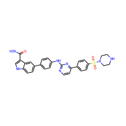 NC(=O)c1c[nH]c2ccc(-c3ccc(Nc4nccc(-c5ccc(S(=O)(=O)N6CCNCC6)cc5)n4)cc3)cc12 ZINC000027410562