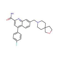 NC(=O)c1cc(-c2ccc(F)cc2)c2ccc(CN3CCC4(CCOC4)CC3)cc2n1 ZINC001772649454