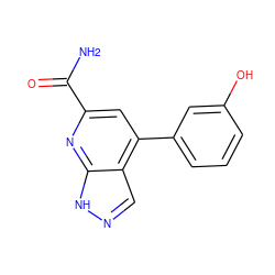 NC(=O)c1cc(-c2cccc(O)c2)c2cn[nH]c2n1 ZINC000034603890