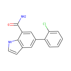 NC(=O)c1cc(-c2ccccc2Cl)cc2cc[nH]c12 ZINC000071329208