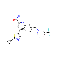 NC(=O)c1cc(-c2cnc(C3CC3)s2)c2ccc(CN3CCO[C@H](C(F)(F)F)C3)cc2n1 ZINC000205643557