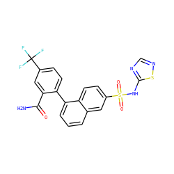 NC(=O)c1cc(C(F)(F)F)ccc1-c1cccc2cc(S(=O)(=O)Nc3ncns3)ccc12 ZINC000225082565