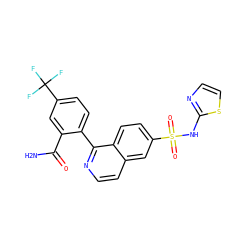 NC(=O)c1cc(C(F)(F)F)ccc1-c1nccc2cc(S(=O)(=O)Nc3nccs3)ccc12 ZINC000225043988