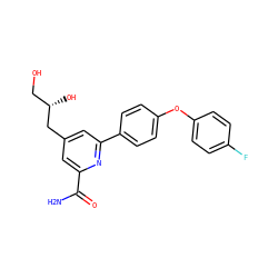 NC(=O)c1cc(C[C@@H](O)CO)cc(-c2ccc(Oc3ccc(F)cc3)cc2)n1 ZINC000114592004
