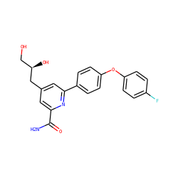 NC(=O)c1cc(C[C@H](O)CO)cc(-c2ccc(Oc3ccc(F)cc3)cc2)n1 ZINC000114592006