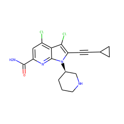 NC(=O)c1cc(Cl)c2c(Cl)c(C#CC3CC3)n([C@@H]3CCCNC3)c2n1 ZINC001772640991
