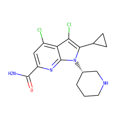 NC(=O)c1cc(Cl)c2c(Cl)c(C3CC3)n([C@H]3CCCNC3)c2n1 ZINC001772581043