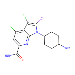 NC(=O)c1cc(Cl)c2c(Cl)c(I)n(C3CCC(N)CC3)c2n1 ZINC001772579381