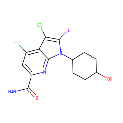 NC(=O)c1cc(Cl)c2c(Cl)c(I)n(C3CCC(O)CC3)c2n1 ZINC001772634166