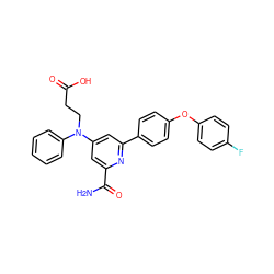 NC(=O)c1cc(N(CCC(=O)O)c2ccccc2)cc(-c2ccc(Oc3ccc(F)cc3)cc2)n1 ZINC000114593270