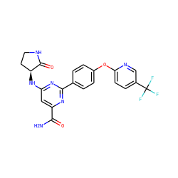 NC(=O)c1cc(N[C@H]2CCNC2=O)nc(-c2ccc(Oc3ccc(C(F)(F)F)cn3)cc2)n1 ZINC000142356566