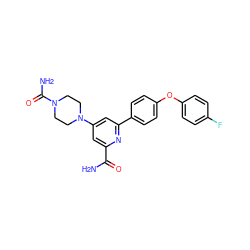 NC(=O)c1cc(N2CCN(C(N)=O)CC2)cc(-c2ccc(Oc3ccc(F)cc3)cc2)n1 ZINC000114592397