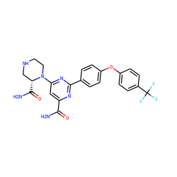 NC(=O)c1cc(N2CCNC[C@H]2C(N)=O)nc(-c2ccc(Oc3ccc(C(F)(F)F)cc3)cc2)n1 ZINC000142449553
