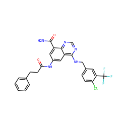 NC(=O)c1cc(NC(=O)CCc2ccccc2)cc2c(NCc3ccc(Cl)c(C(F)(F)F)c3)ncnc12 ZINC000114347856