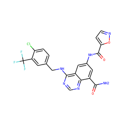 NC(=O)c1cc(NC(=O)c2ccno2)cc2c(NCc3ccc(Cl)c(C(F)(F)F)c3)ncnc12 ZINC000114346258