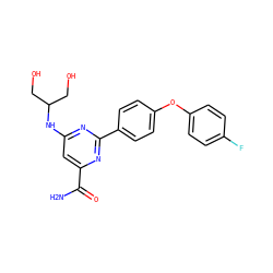 NC(=O)c1cc(NC(CO)CO)nc(-c2ccc(Oc3ccc(F)cc3)cc2)n1 ZINC000143012967