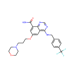 NC(=O)c1cc(OCCCN2CCOCC2)cc2c(NCc3ccc(C(F)(F)F)cc3)ncnc12 ZINC000114349168