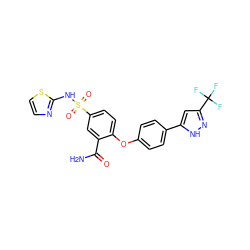 NC(=O)c1cc(S(=O)(=O)Nc2nccs2)ccc1Oc1ccc(-c2cc(C(F)(F)F)n[nH]2)cc1 ZINC000095584073