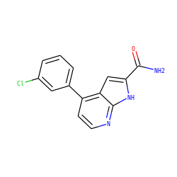NC(=O)c1cc2c(-c3cccc(Cl)c3)ccnc2[nH]1 ZINC001772579355