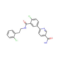 NC(=O)c1ccc(-c2ccc(Cl)c(C(=O)NCCc3ccccc3Cl)c2)nc1 ZINC000072179336