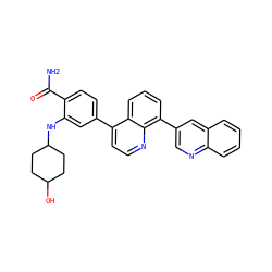 NC(=O)c1ccc(-c2ccnc3c(-c4cnc5ccccc5c4)cccc23)cc1NC1CCC(O)CC1 ZINC000145523276