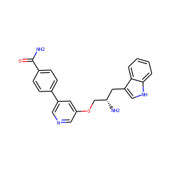 NC(=O)c1ccc(-c2cncc(OC[C@@H](N)Cc3c[nH]c4ccccc34)c2)cc1 ZINC000014957472