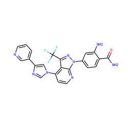 NC(=O)c1ccc(-n2nc(C(F)(F)F)c3c(-n4cnc(-c5cccnc5)c4)ccnc32)cc1N ZINC000169703579