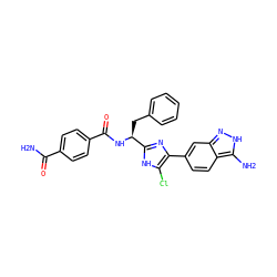 NC(=O)c1ccc(C(=O)N[C@@H](Cc2ccccc2)c2nc(-c3ccc4c(N)[nH]nc4c3)c(Cl)[nH]2)cc1 ZINC000034663277