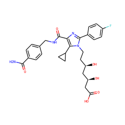 NC(=O)c1ccc(CNC(=O)c2nc(-c3ccc(F)cc3)n(CC[C@@H](O)C[C@@H](O)CC(=O)O)c2C2CC2)cc1 ZINC000071295204