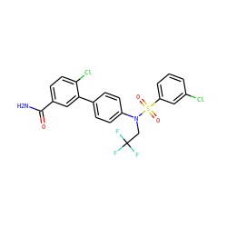 NC(=O)c1ccc(Cl)c(-c2ccc(N(CC(F)(F)F)S(=O)(=O)c3cccc(Cl)c3)cc2)c1 ZINC000653917188