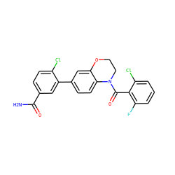 NC(=O)c1ccc(Cl)c(-c2ccc3c(c2)OCCN3C(=O)c2c(F)cccc2Cl)c1 ZINC000219102766