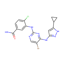 NC(=O)c1ccc(Cl)c(Nc2ncc(Br)c(Nc3cc(C4CC4)[nH]n3)n2)c1 ZINC000138089042