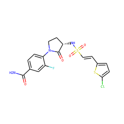 NC(=O)c1ccc(N2CC[C@H](NS(=O)(=O)/C=C/c3ccc(Cl)s3)C2=O)c(F)c1 ZINC000045350940